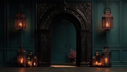 Ornate dark wooden archway framed by glowing antique lanterns against a deep teal paneled wall
