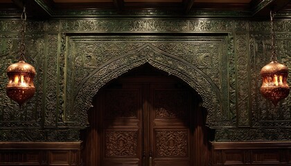 Ornate metalwork panels frame a deeply carved wooden doorway between two glowing hanging lanterns.