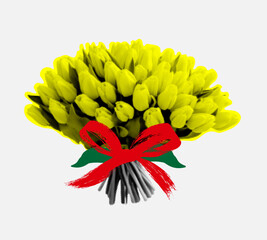Stylized yellow flower bouquet tied with red ribbon in pop art halftone style on light background.