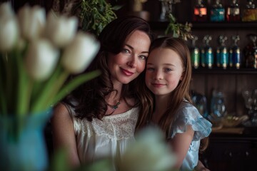 Affectionate mother and young daughter embrace while posing indoors near flowers and decorative bottles