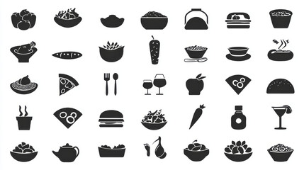 Meal icon set. Containing food, lunch, eat, dinner, pasta, rice, pizza, salad, soup, breakfast and more. Vector solid icons collection.
