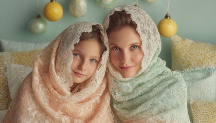 Mother and child share a tender moment wrapped in delicate lace coverings