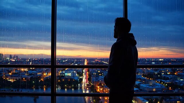 Man gazing at cityscape through rainy window