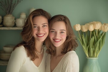 Two young women with radiant smiles pose closely together indoors near fresh flowers