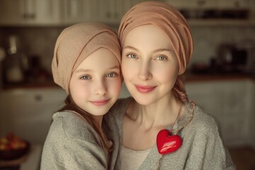 Mother and child share a tender moment indoors while both wearing head coverings