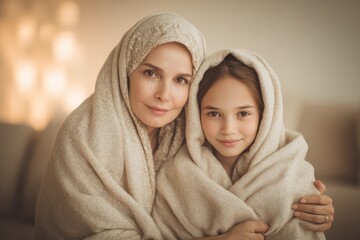 Mature woman and young girl warmly wrapped together in soft material indoors