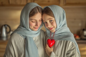 Mother and daughter wearing head coverings share a close moment while holding a bright red heart charm.