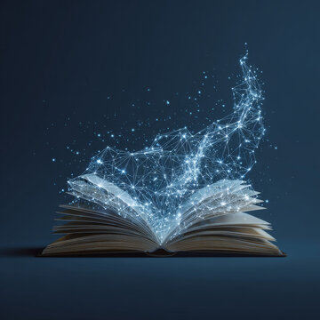 An open book. Polygonal construction of lines and points. Blue background.