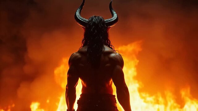 Muscular figure with horns in front of fire
