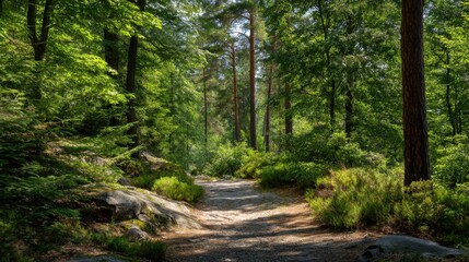 Serene Pathway Through Lush Green Forest Surrounded by Tall Trees and Vibrant Foliage in Tranquil Nature Setting