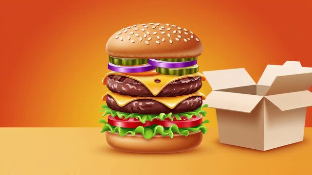 Delicious Double Cheeseburger with Fresh Lettuce and Tomato in a Cardboard Box.