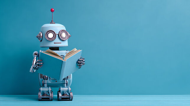 Robot reading book in front of blue background