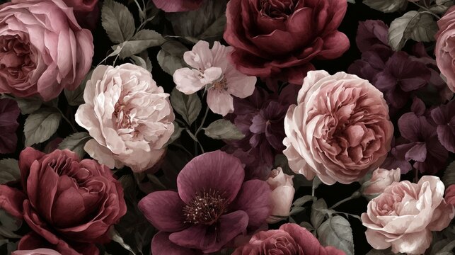 moody watercolor rose pattern burgundy blush pink repeat