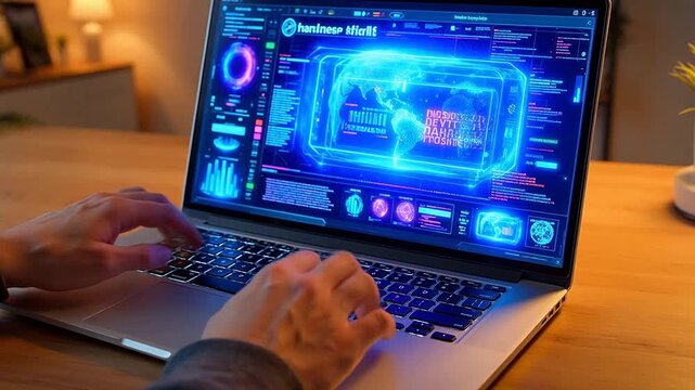 Person typing on laptop with digital globe interface