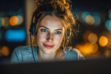 Fototapeta premium Young woman with headset smiling and working on a computer late at night with colorful city lights creating a warm bokeh background ambiance