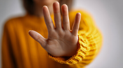 Person wearing a cozy yellow sweater with an outstretched hand signaling stop or refusal against a soft blurred background in a gesture of boundary setting or protec