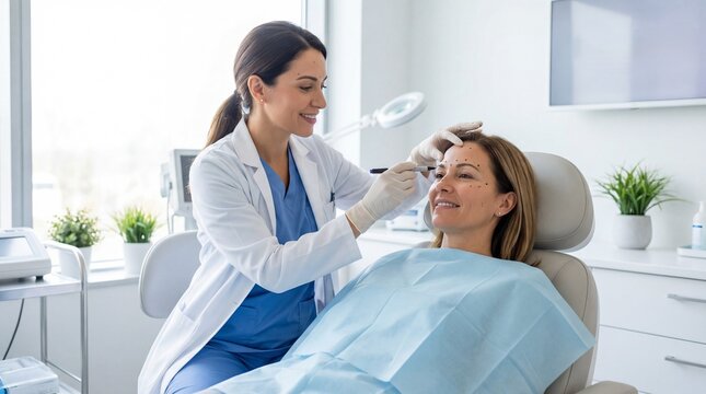 Professional administering botox treatment to patient in clinic setting, practitioner using syringe for cosmetic procedure on forehead.