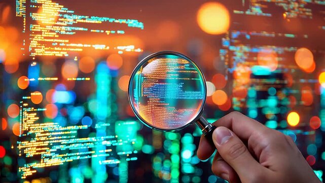 Hand holding magnifying glass over code