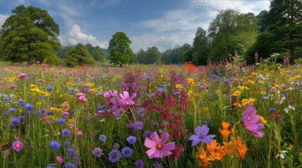 Obraz premium Vibrant Wildflower Meadow in Full Bloom Under a Clear Sky with Lush Green Trees, Perfect for Nature Lovers and Scenic Landscape Photography