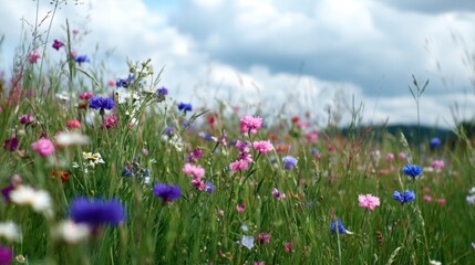 Vibrant Field of Wildflowers with Colorful Blooms and Lush Green Grass Under a Dramatic Cloudy Sky in a Peaceful Natural Setting