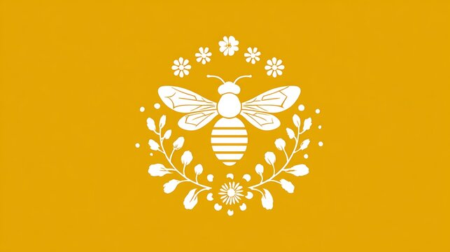 Stylish bee illustration with flowers on yellow background
