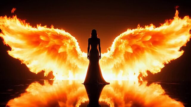 Silhouette of woman with fiery wings