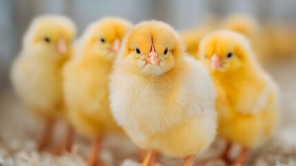A group of baby chicks are standing in a row