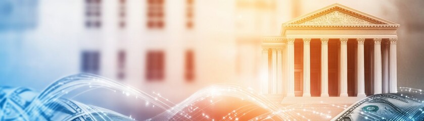 Obraz premium Digital Finance Classic bank building with flowing money and abstract light trails, symbolizing innovation and global connectivity. Finance, Tech