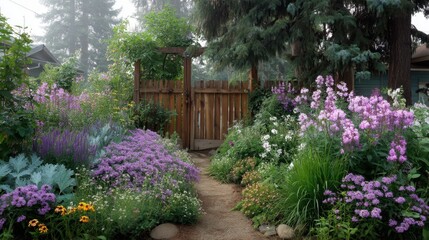 Obraz premium Colorful Flower Garden Pathway with Wooden Gate Surrounded by Lush Greenery and Vibrant Blooms in Soft Morning Light