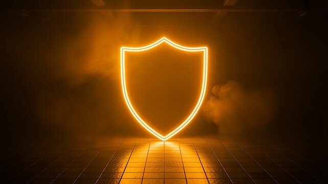 Radiant Neon Shield Icon on Dark Background with Smoke | Digital Security & Protection