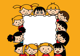 A diverse group of cartoon children surrounds a blank white frame smiling cheerfully high quality professional