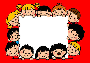 A group of diverse children peek around a blank white frame on a vibrant red background
