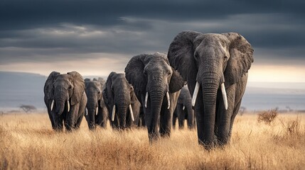Fototapeta premium A wide banner view of elephants moving across the African savannah at sunset