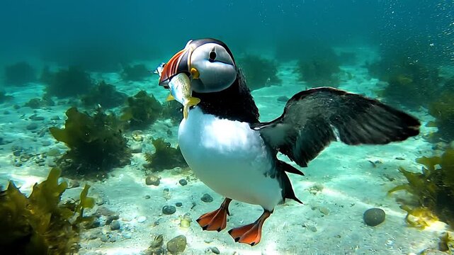 Atlantic puffin swims underwater in clear turquoise sea water, mp4 video. AI
