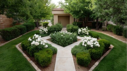 Fototapeta premium Tranquil Residential Garden Landscape Featuring Lush Greenery, Symmetrical Flower Beds, and White Blossoms Under Clear Blue Sky