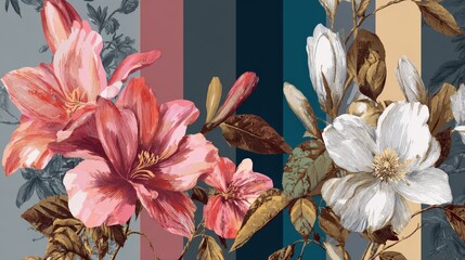 Elegant Vintage Floral Illustration Featuring Pink and White Magnolia Blossoms on a Background of Colorful Vertical Stripes Artistic Botanical Wallpaper Design for Modern Interior Decor and Textiles