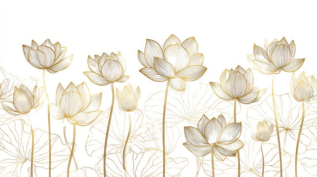 Golden lotus line arts on white background, Luxury gold wallpaper design for prints, banner, fabric, poster, cover, digital arts vector illustration.	