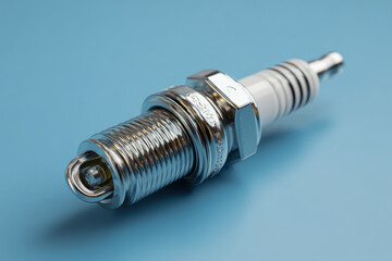 High-quality metallic ignition component with threaded design and ceramic insulation placed on a soft blue background for automotive applications and repair illustra