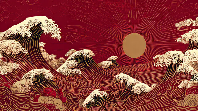 Luxury oriental style background vector. Ocean wave and sun wallpaper design with Japanese style line art. Traditional Japanese wave for wall arts, prints and home decoration.