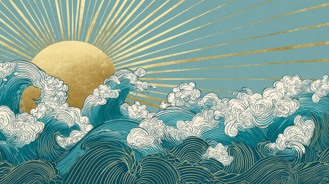 Luxury oriental style background vector. Ocean wave and sun wallpaper design with Japanese style line art. Traditional Japanese wave for wall arts, prints and home decoration.