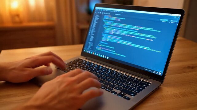 Person typing on laptop with code
