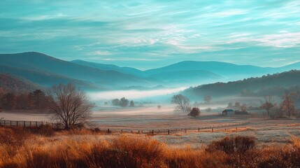 Fototapeta premium Serene Mountain Landscape with Morning Mist and Rolling Hills Under a Soft Blue Sky