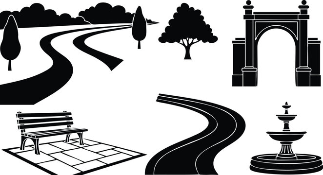 Silhouette vector set of winding park paths bench fountain arch and trees in flat design landscape view minimal black icons