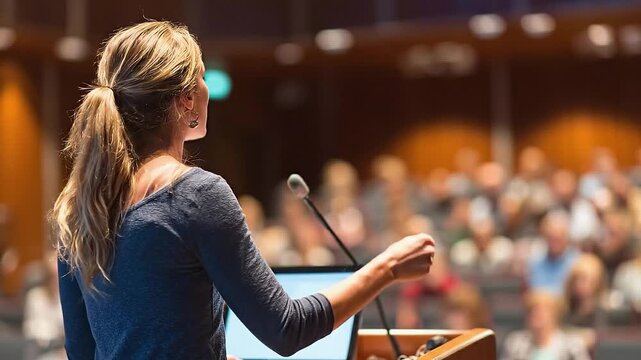 Woman with long hair gestures while speaking at a podium in a conference hall, audience attentively listening in the background