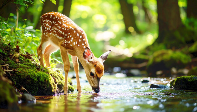 Deer fawn drinking water from a stream in a forest. AI