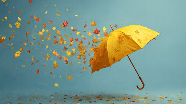 Bright yellow umbrella drifting through the air, surrounded by colorful autumn leaves swirling gently in the breeze, creating a whimsical seasonal scene.
