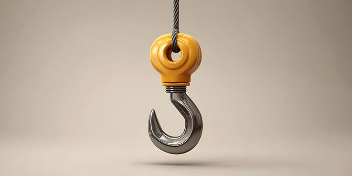 Crane hook with yellow shackle hanging from rope