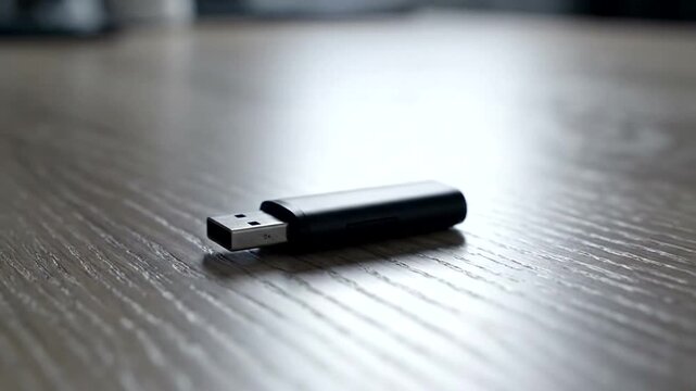 Close up of a black USB flash drive on a wooden surface.