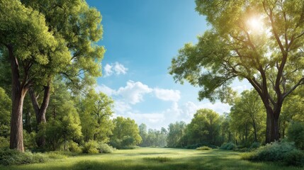 Lush Green Forest Landscape Under Clear Blue Sky with Sunlight Filtering Through Trees and Vibrant Nature in a Tranquil Outdoor Setting