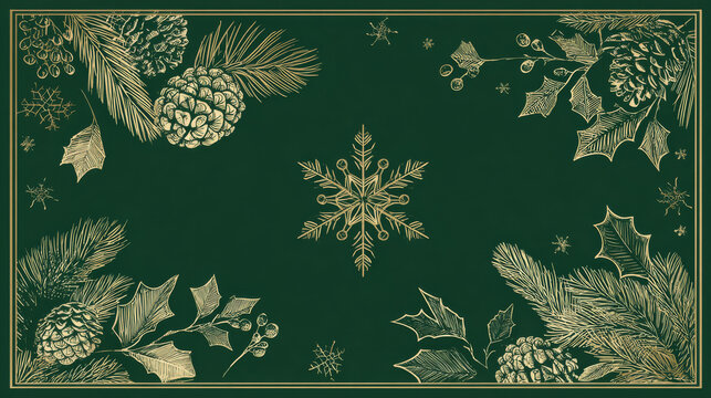 Luxury christmas invitation card art deco design vector. Snowflakes, pine cone, pine leaves, holly line art on green background. Design illustration for cover, greeting card, print, poster, wallpaper.